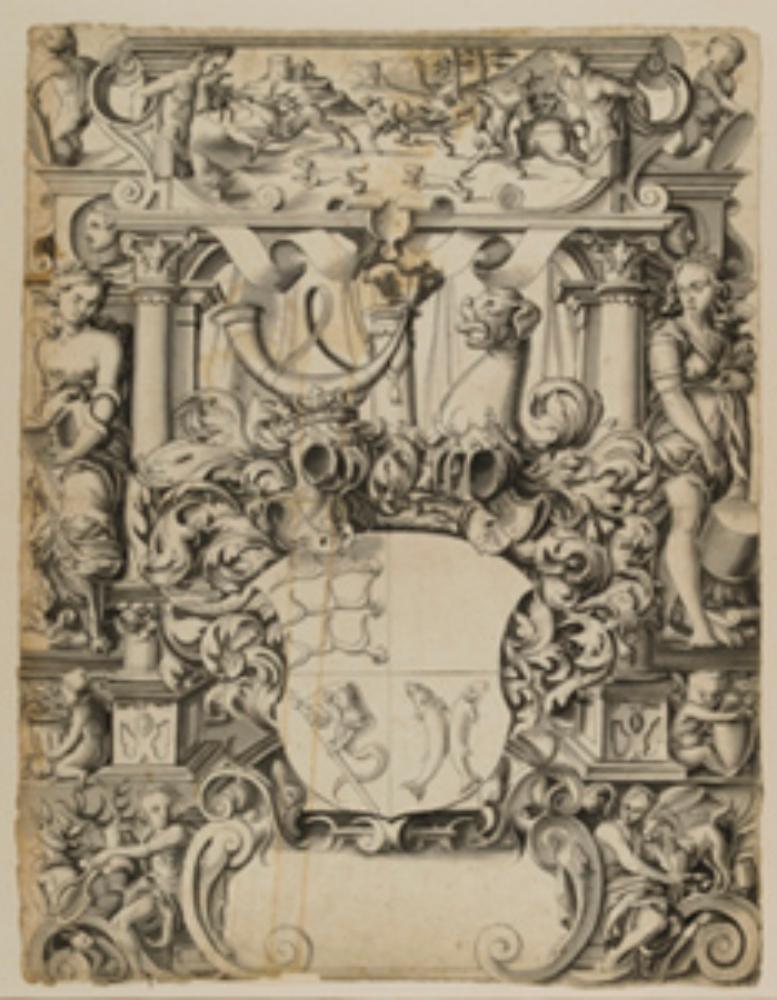Bartholomäus Lingg (zugeschrieben) - Riss mit Wappen Herzog Ludwig von Württemberg, flankiert von Fortitudo und Prudentia, im Oberbild Hirschjagd