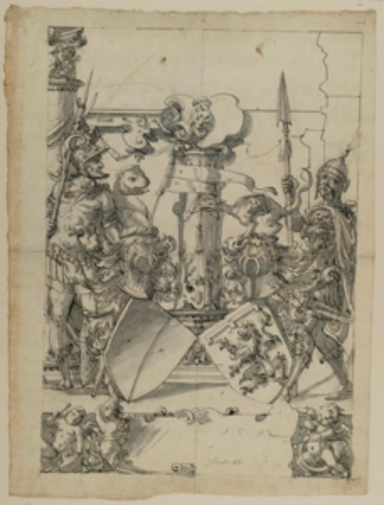 Hans Jakob Plepp - Riss mit zwei Kriegern als Schildbegleiter und Allianzwappen Hohensax/Brederode