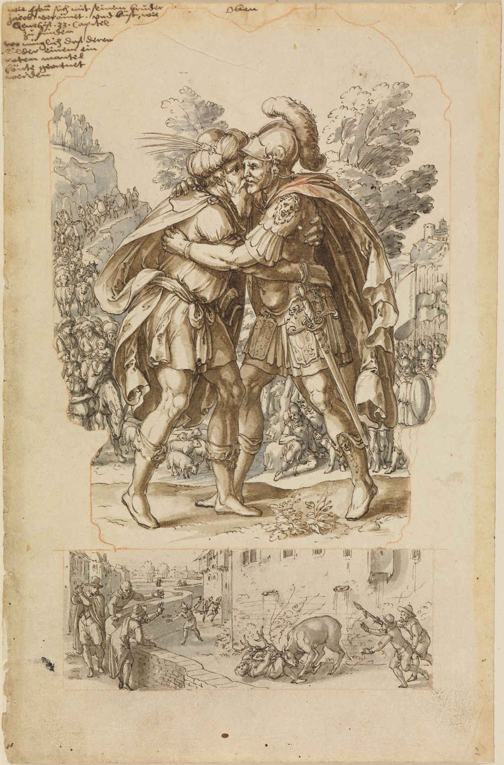 Friedrich Brentel - Entwurf für ein Mittelbild mit der Versöhnung von Esau und Jakob, darunter Entwurf für ein Oberbild mit einem Hirsch, der einen Mann verletzt