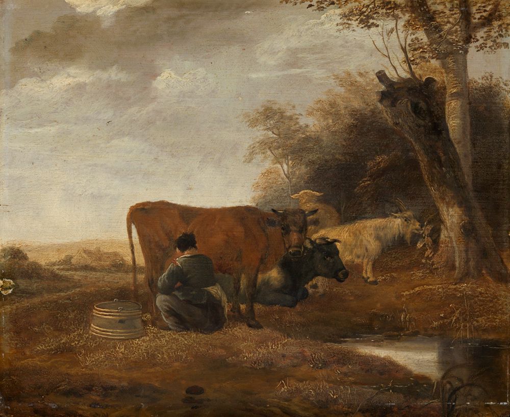 Hendrik Mommers zugeschrieben - Weidendes und ruhendes Vieh mit einer Kuhmelkerin