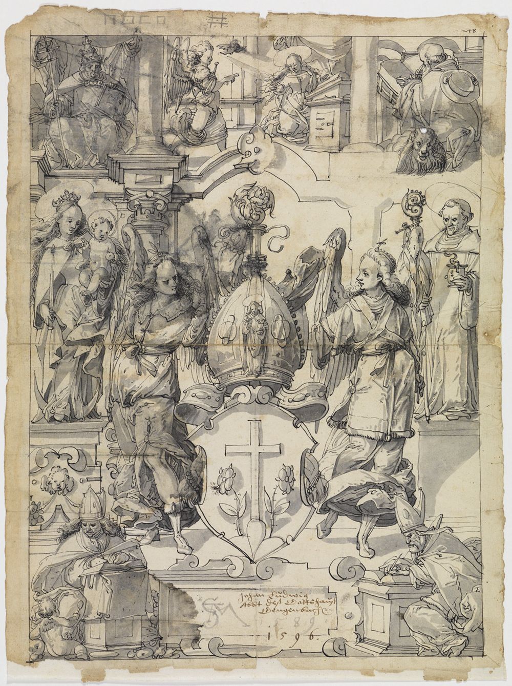 Christoph Murer - Riss mit Wappen Johann Ludwig Sorg, Abt von Gengenbach, flankiert von dem Hl. Benedikt und Maria mit dem Kind, in den Eckbildern die vier Kirchenväter, im Oberbild Verkündigung an Maria