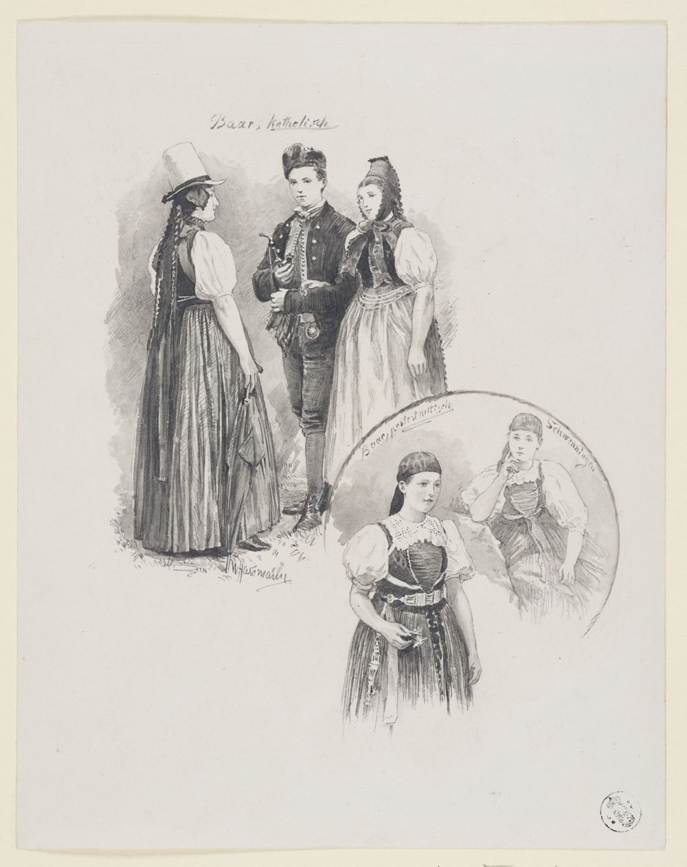 Wilhelm Gustav Friedrich Hasemann - Zwei Gruppen Mädchen und ein junges Paar in verschiedenen Trachten aus der Baar und Schwenningen (32 Illustrationsentwürfe, Blatt 27)