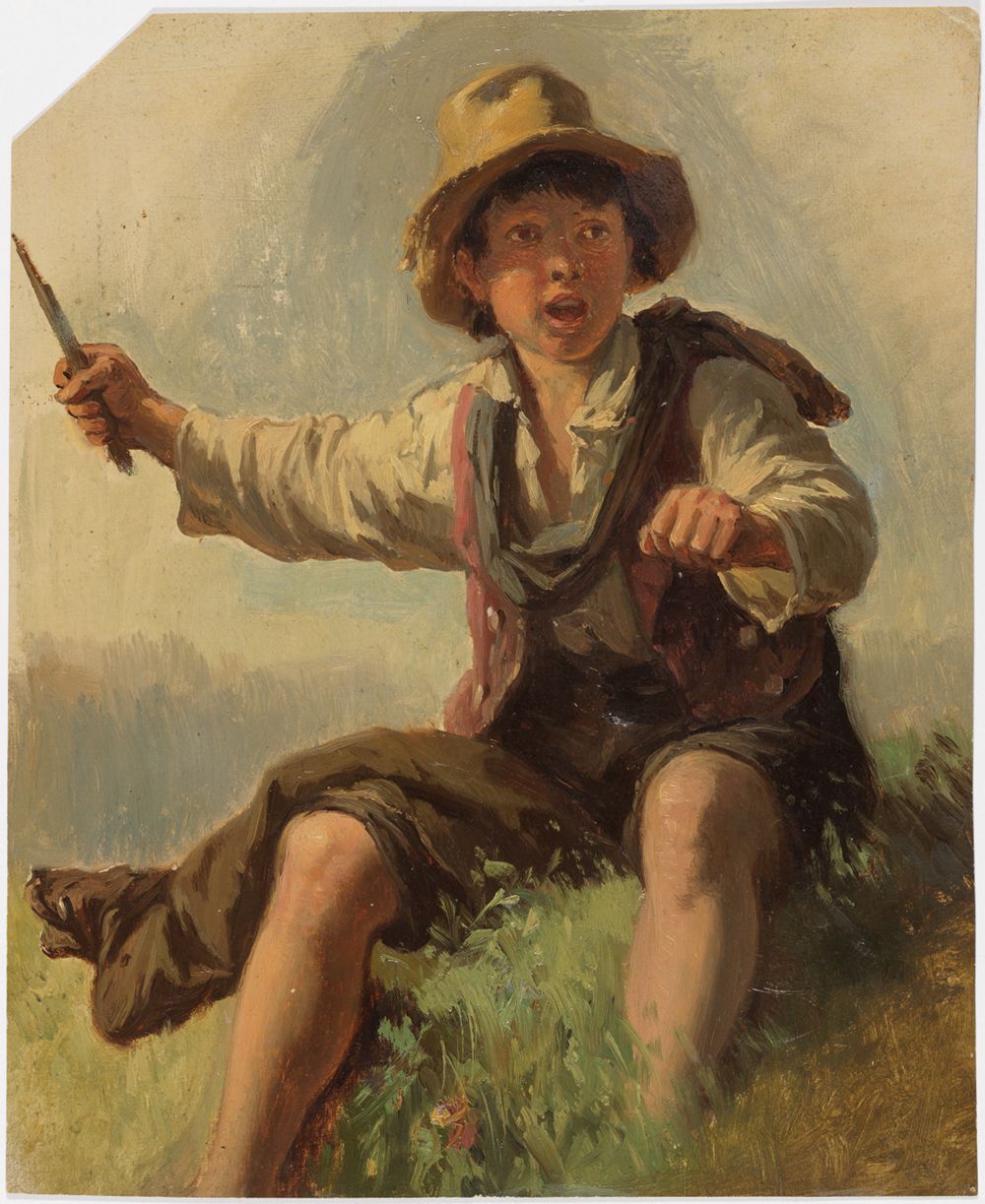 Johann Baptist Kirner - Italienerbub, auf einem Heukarren sitzend
