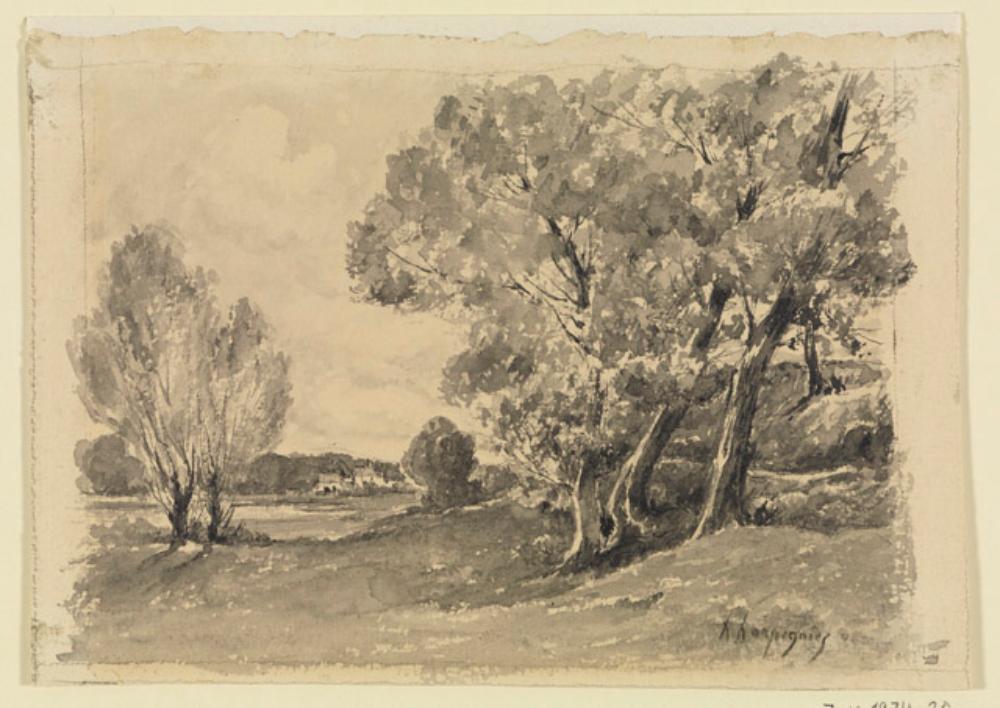 Henri Joseph Harpignies - Flusslandschaft mit Baumgruppen