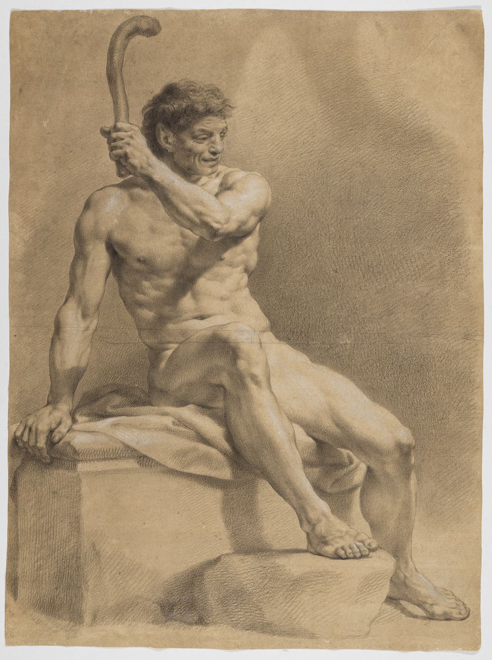 Anton Raphael Mengs - Sitzender männlicher Akt, schräg nach rechts, mit der Linken eine kleine Keule emporhaltend