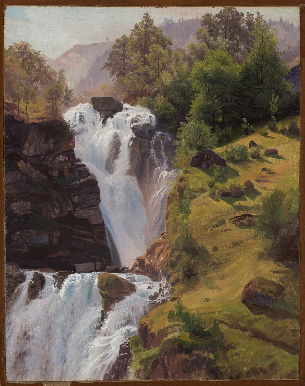 Johann Wilhelm Schirmer zeigt einen beeindruckenden Wasserfall. Das Wasser stürzt in mehreren Kaskaden von einer hohen Klippe herab.