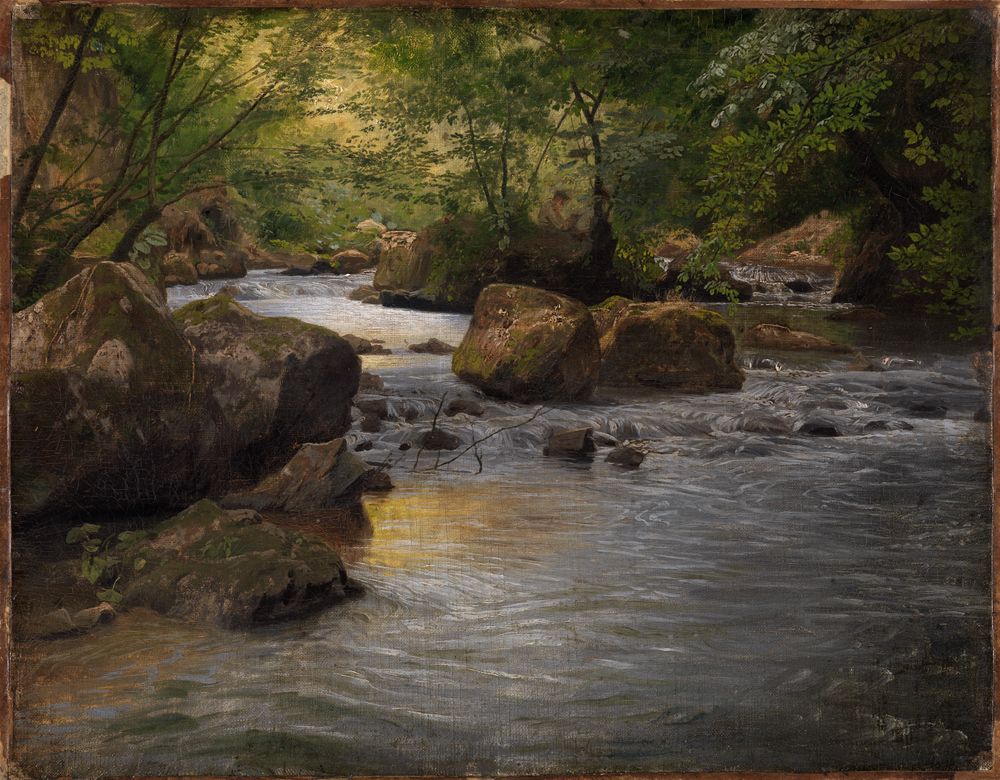Das Bild von Johann Wilhelm Schirmer zeigt eine idyllische Landschaft mit einem kleinen, sprudelnden Bach, der durch felsige Hügel fließt. Im Vordergrund sitzt ein Maler mit einem Zeichenblock, Bäume und Sträucher säumen den Bach.