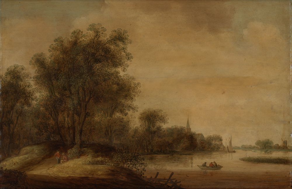 Wouter Knijff (1606) - Flusslandschaft mit einem Dorf unter Weiden