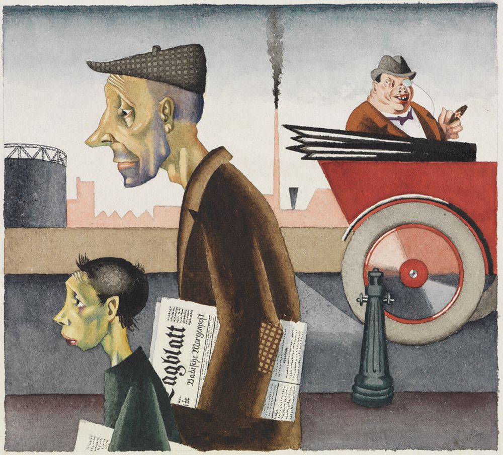 Das Aquarel zeigt Arbeiter, die müde und erschöpft wirken, und wie die Arbeit den Menschen körperlich und seelisch belastet.