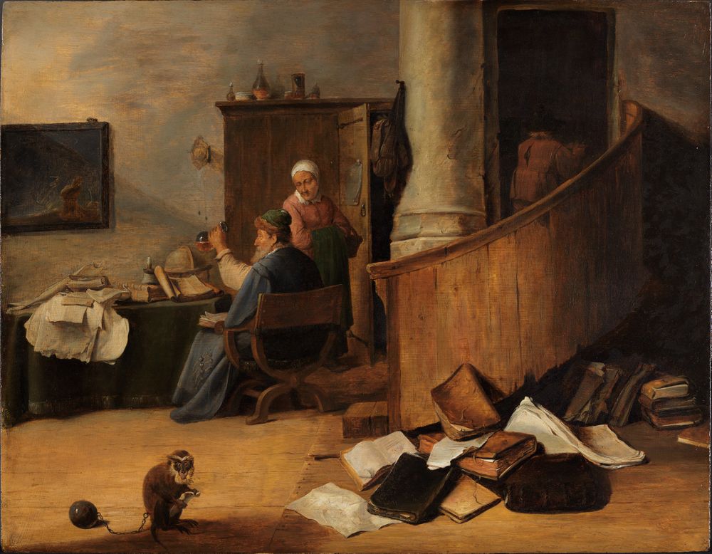 <p>Ein Arzt sitzt an einem Tisch.Neben ihm steht ein Patient .Der Raum ist alt und voll mit Dingen.Auf dem Tisch liegen Bücher und Flaschen. Der Arzt trägt einen langen Mantel.</p><p></p>