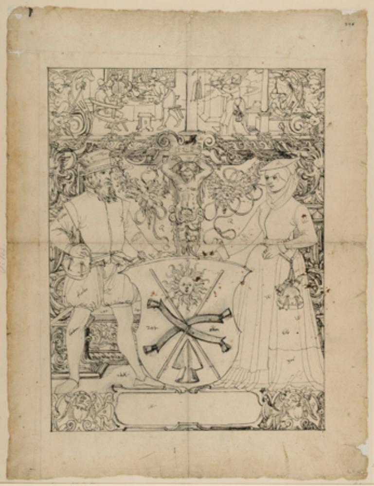 Bartholomäus Lingg - Riss mit Schildbegleiterpaar und Gerberwappen, im Oberbild Tischgesellschaft, Küchenszene