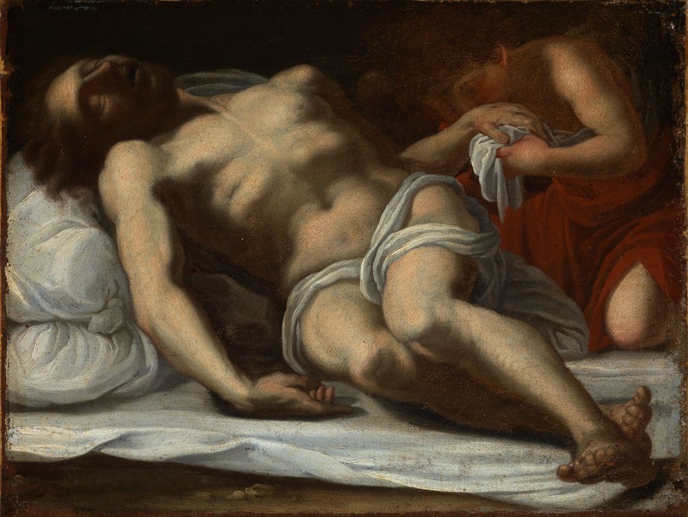 Annibale Carracci (Nachfolger) - Der tote Christus, von einem Engel betrauert