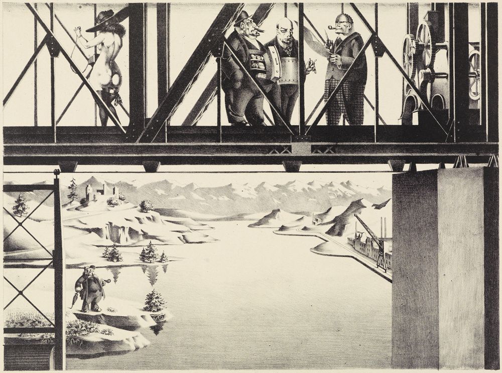 Die Lithografie zeigt Männer die elegante Anzüge tragen und Zylinder, aber ihre Gesichter wirken kalt und selbstzufrieden.