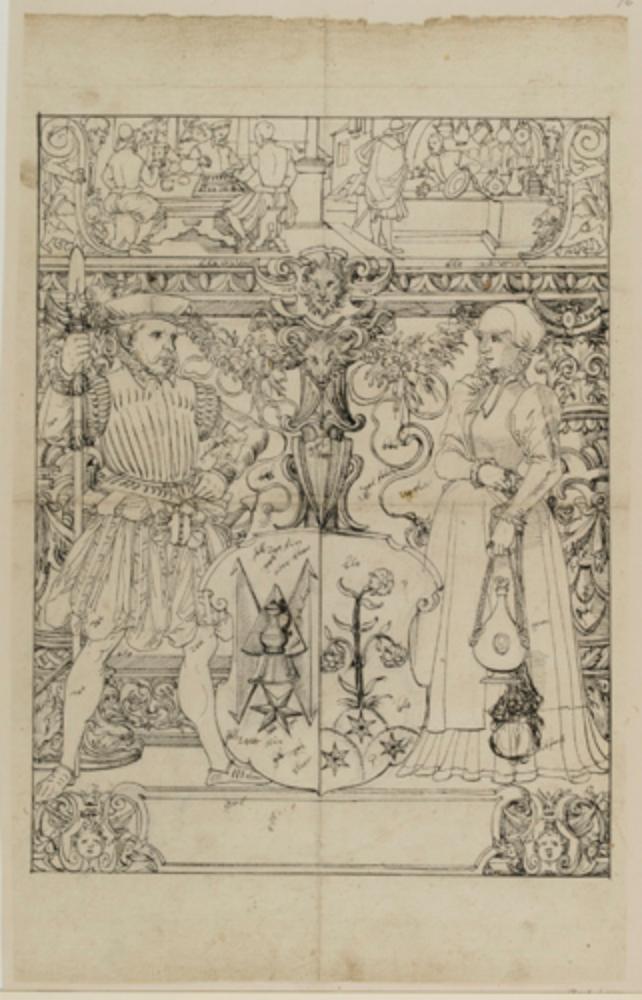 Bartholomäus Lingg - Riss mit Schildbegleiterpaar und Tucherwappen, im Oberbild Brettspiel und Ladenszene