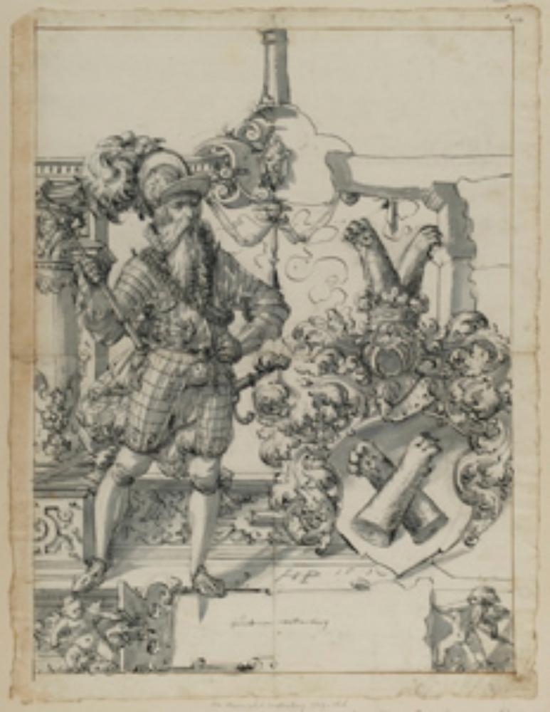 Hans Jakob Plepp - Riss mit Hauptmann als Schildbegleiter und Wappen von Wellenberg
