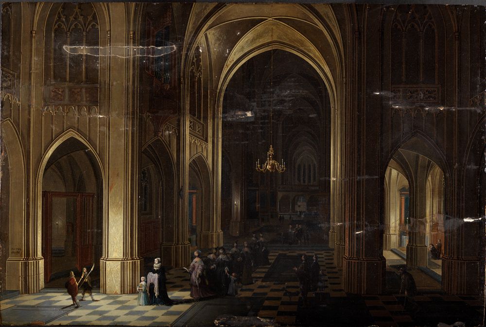 Peeter Neeffs (1578) - Inneres einer gotischen Kirche mit einer Taufprozession