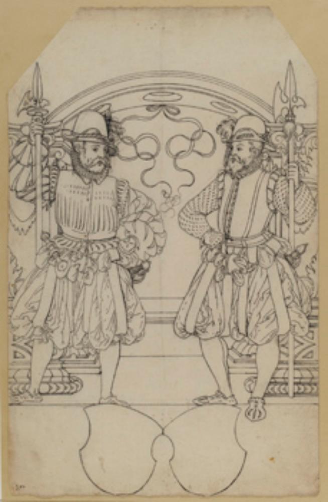 Bartholomäus Lingg (Werkstatt) - Riss mit zwei Halbartieren, darunter zwei leere Wappenschilde