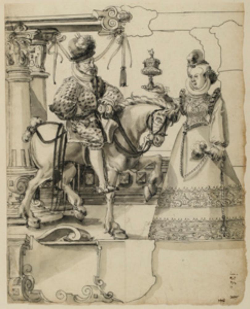 Niklaus von Riedt (zugeschrieben) - Riss mit Paar, er beritten, sie den Willkommtrunk reichend, darunter leerer Wappenschild