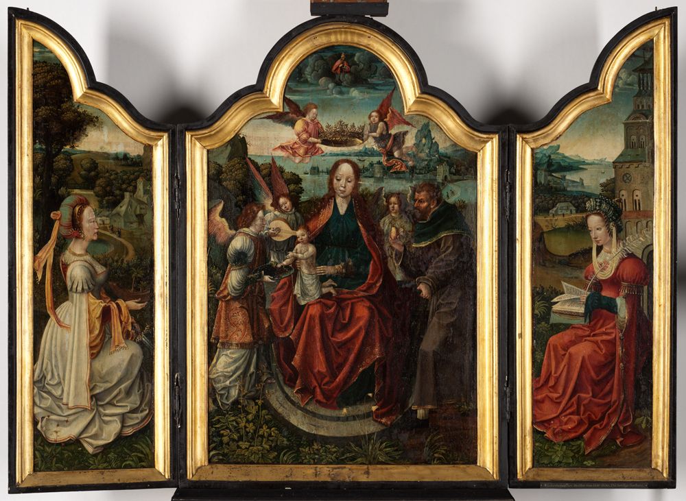 Niederrheinischer Meister - Flügelaltar: Die Heilige Familie zwischen den Heiligen Katharina und Barbara