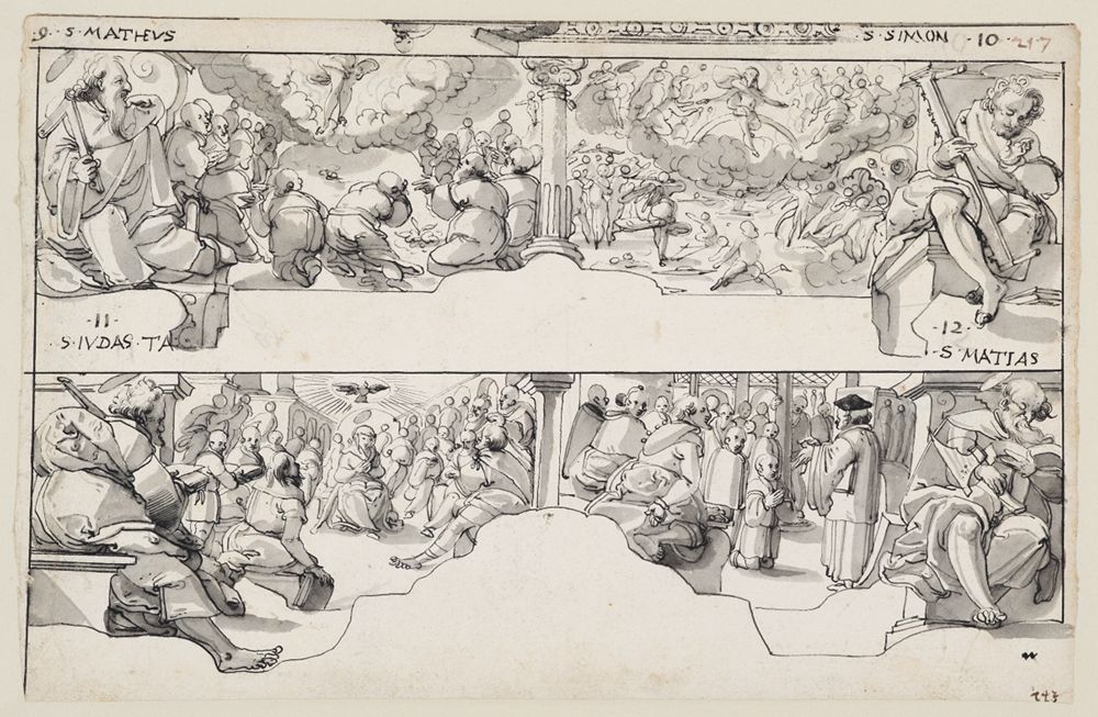 Niklaus von Riedt (zugeschrieben) - Zwei Entwürfe für Oberbilder mit Aposteln und Szenen aus dem Neuen Testament und der Apokalypse sowie der Segnung von Geistlichen