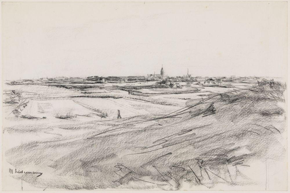 Die Kreidezeichnung zeigt eine flache Landschaft in Holland. Es gibt Wiesen, Bäume und einen weiten Himmel.