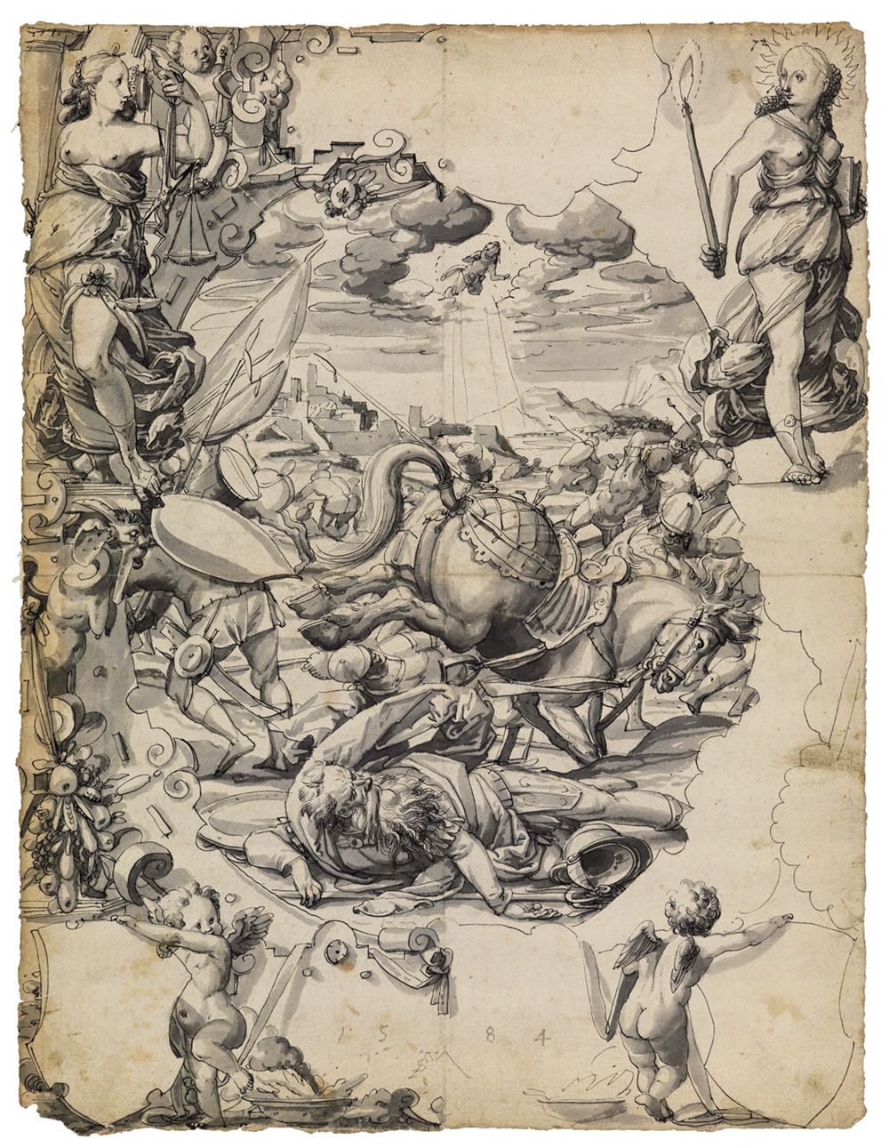 Christoph Murer - Riss mit Bekehrung Pauli, flankiert von Justitia und Veritas, darunter zwei leere Wappenschilde