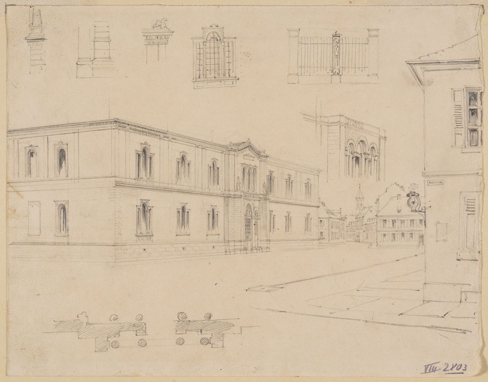 Ch. Kiefer - Blick von Nordwesten auf die Hauptfassade der Staatlichen Kunsthalle Karlsruhe (zusätzlich einige Architekturdetails)