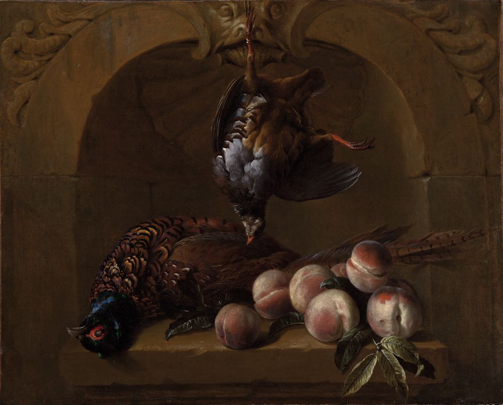 François Desportes (1661) - Stillleben mit Rothuhn, Fasan und Pfirsichen