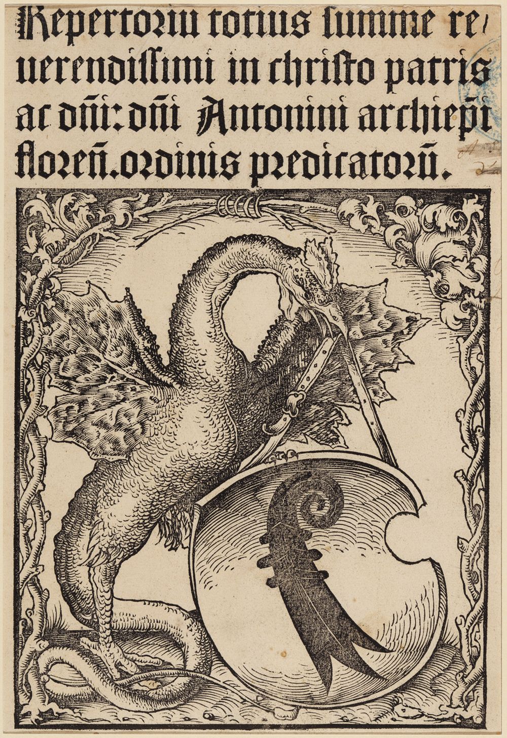 Meister DS - Basilisk mit dem Basler Wappen, das er mit dem Schnabel am Riemen hält