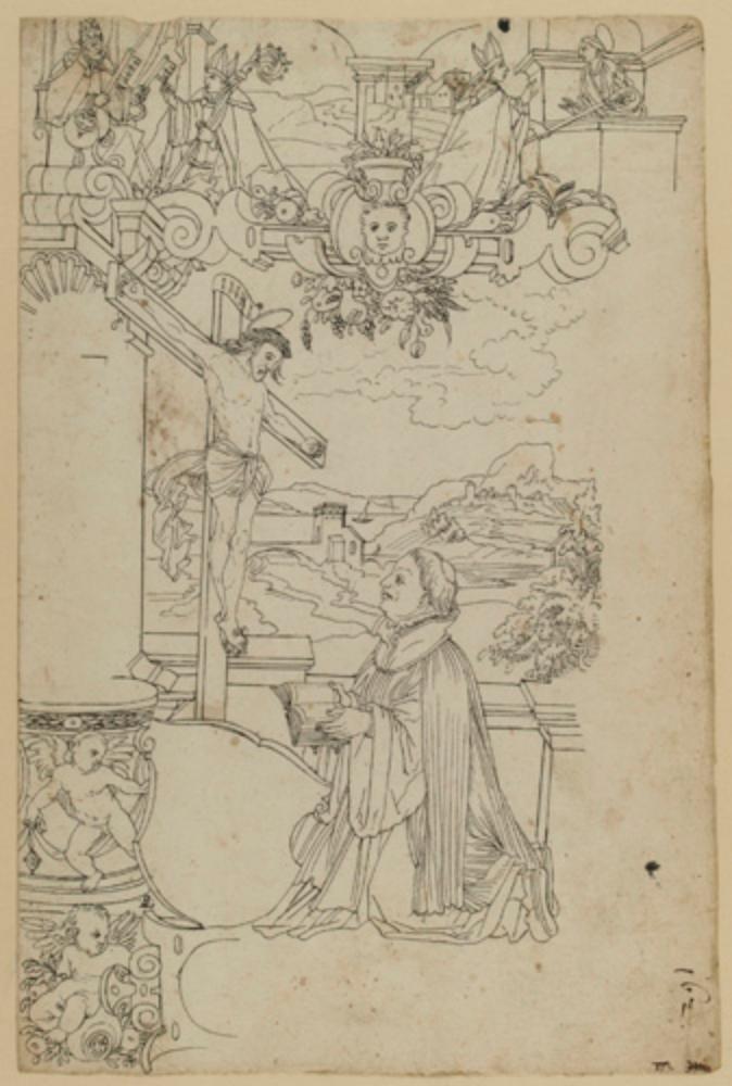 Bartholomäus Lingg - Riss mit Kruzifix und davor kniendem geistlichen Stifter, daneben leerer Wappenschild, im Oberbild Schlüsselübergabe, Predigt des Hl. Franziskus vor Papst Honorius III. in Rom (?)