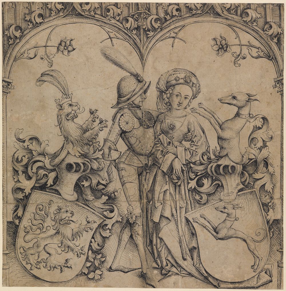 Anonym (15. Jh. D) - Riss mit Dame und Ritter als Schildbegleiter und Allianzwappen von Stöffeln/von Hungerstein