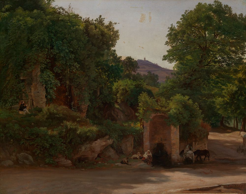 Friedrich Loos - Italienische Landschaft mit Selbstbildnis vor der Staffelei