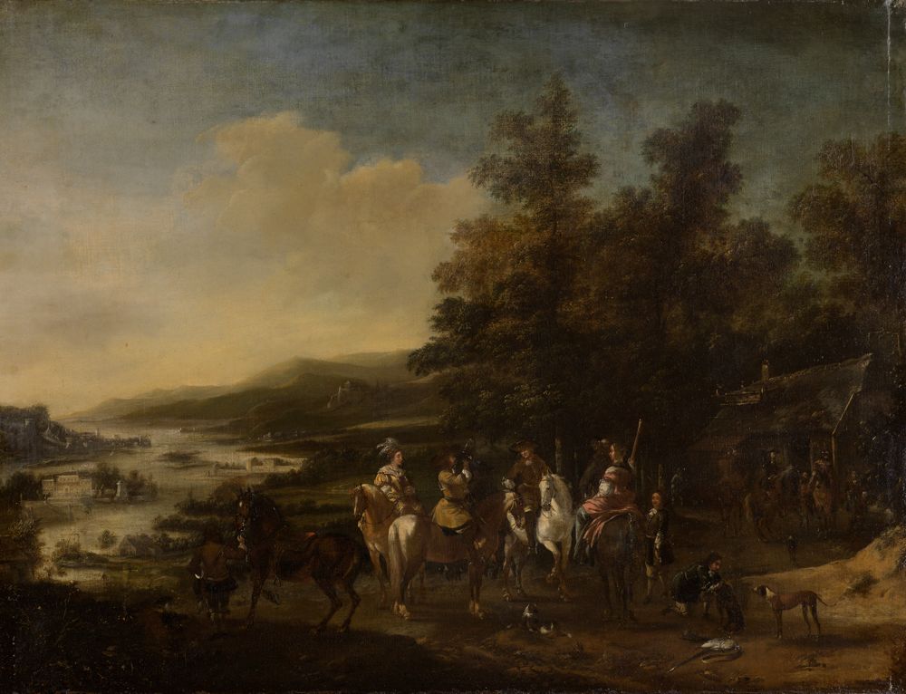 Pieter Wouwerman (1623) - Jagdgesellschaft zu Pferde mit Dienern und Hunden