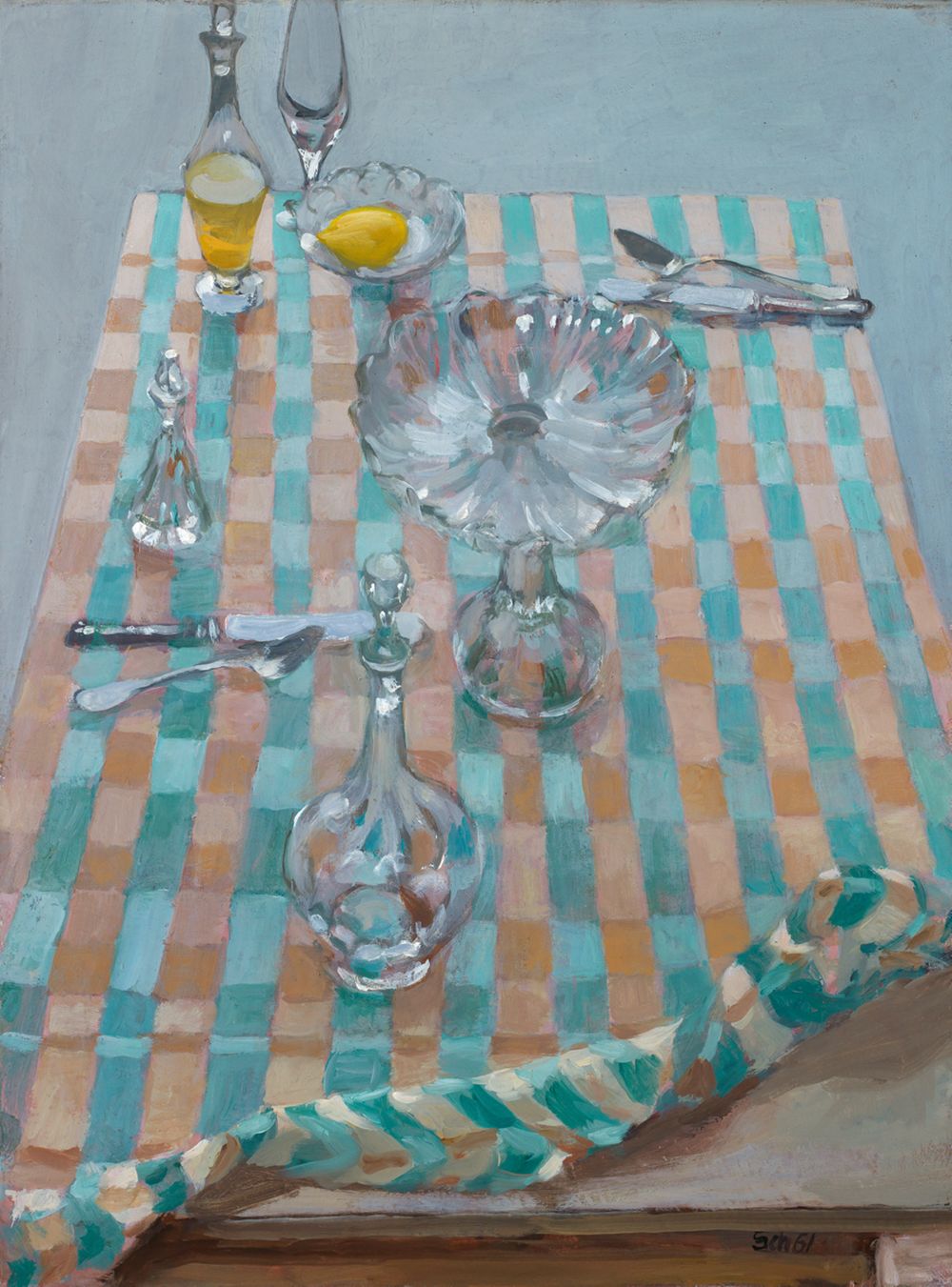 Wilhelm Schnarrenberger - Zitrone, Glas, karierte Decke