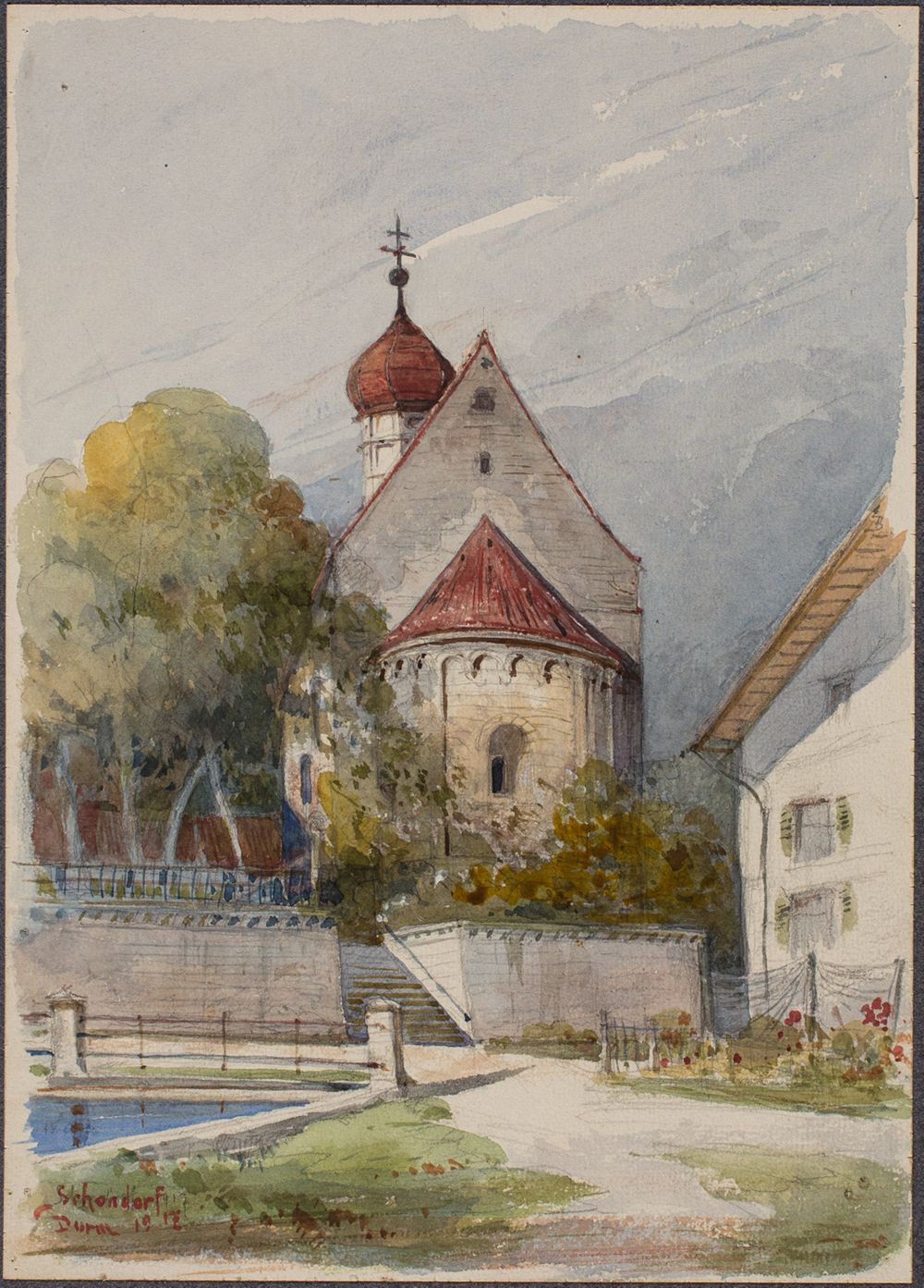 Josef Wilhelm Durm - Blick auf den Chor der Jakobskapelle in Unterschondorf am Ammersee (Kirchen und Landschaften aus Bayern)