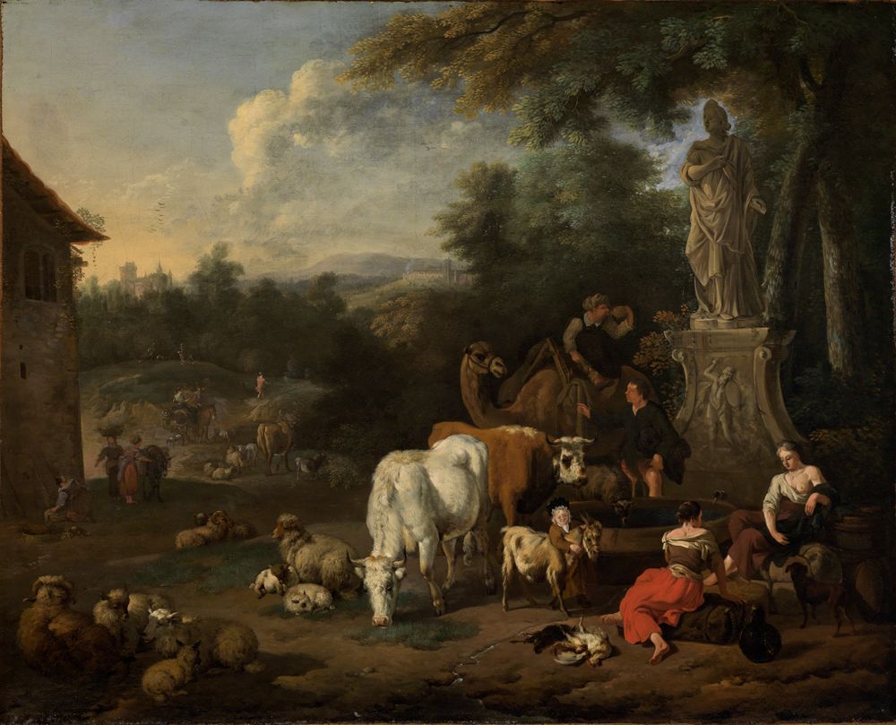Adriaen Oudendijk - Ruhende Hirten mit ihrer Herde und Reisende an einem Brunnen