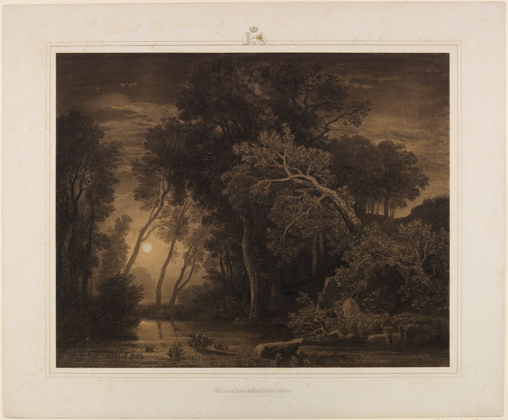 Johann Wilhelm Schirmer zeigt eine ruhige Flusslandschaft in der Dämmerung. Ein breiter Fluss schlängelt sich durch sanfte Hügel, und Bäume säumen das Ufer. Am Himmel steht ein großer, heller Mond.