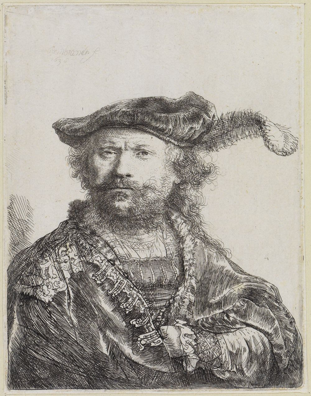 Rembrandt Harmensz. van Rijn - Selbstbildnis mit dem federgeschmückten Barett