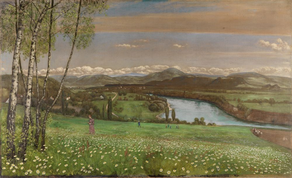 Hans Thoma zeigt eine ruhige malerische Landschaftsbild am Rhein mit sanften Hügeln, Wiesen und kleinen Häusern in der Ferne.