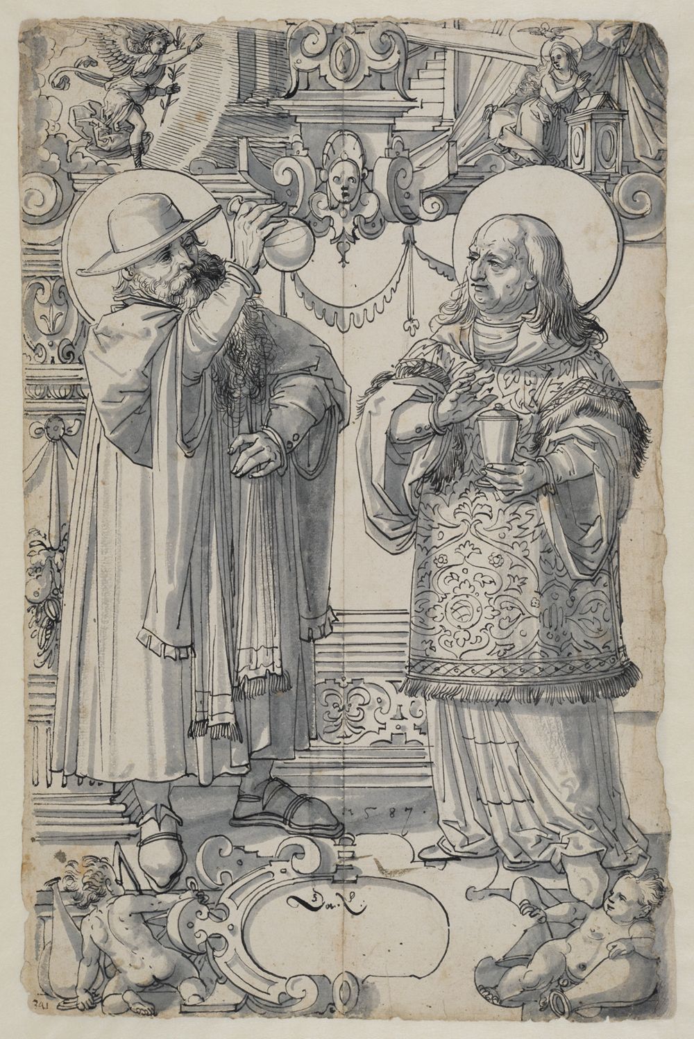 Daniel Lindtmayer (1552) - Riss mit dem Hl. Cosmas und dem Hl. Damian, im Oberbild Verkündigung an Maria