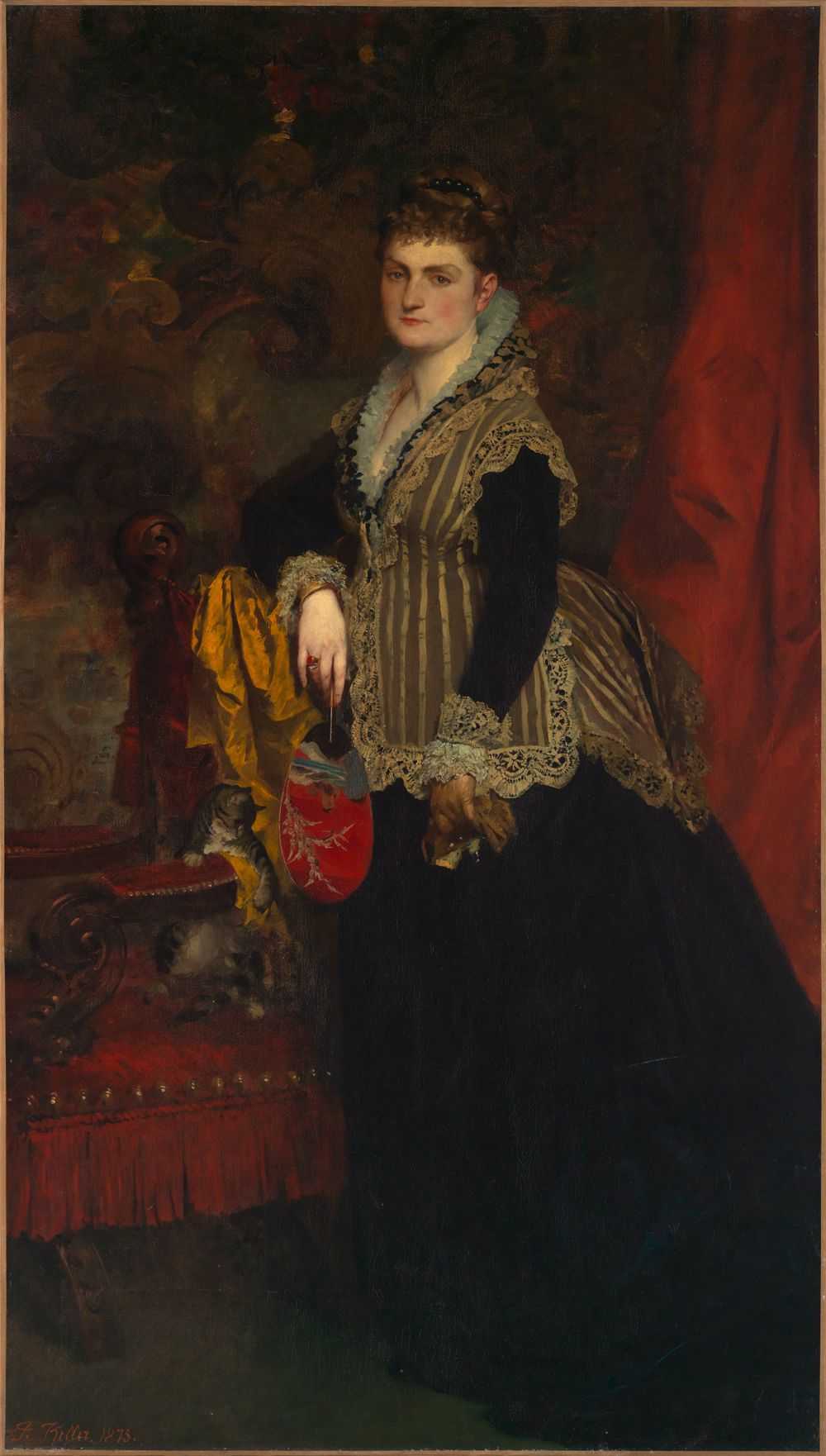 Das Bildnis zeigt eine elegante Frau, die ein schlichtes, zeitloses Kleid trägt, das ihre Würde und Anmut unterstreicht.
