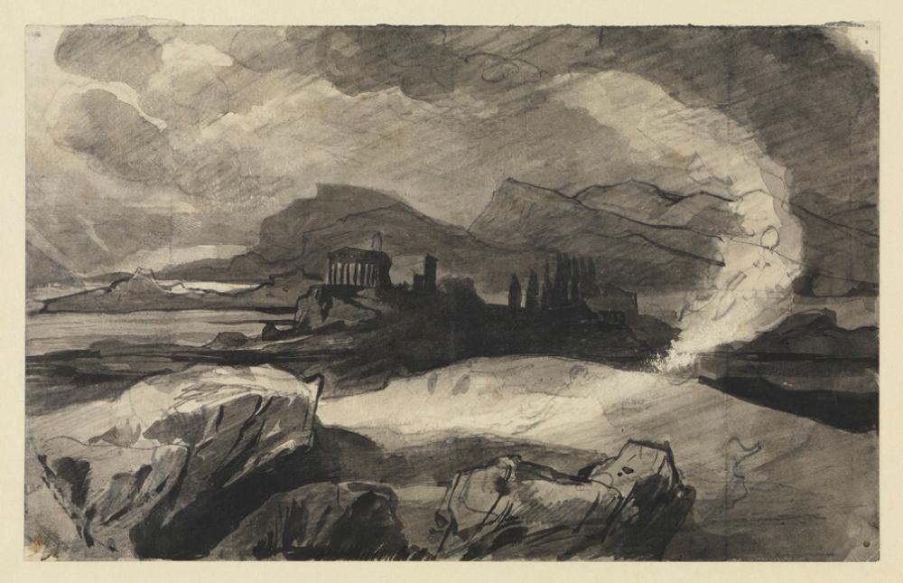 Edmund Friedrich Kanoldt - Gebirgige Meeresküste mit griechischem Tempel im Mittelgrund