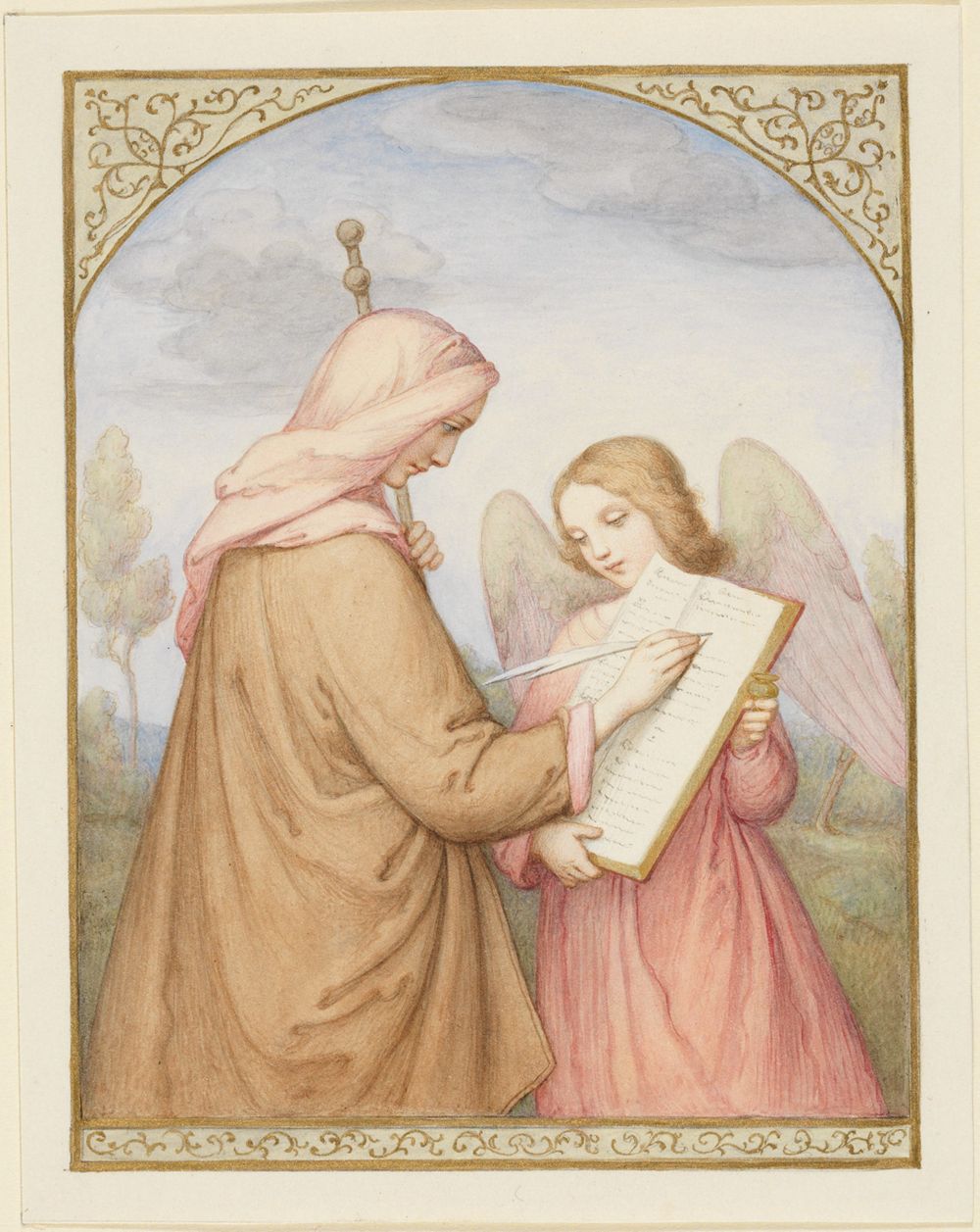 Das Bild zeigt eine Frau in Pilgerkleidung, die in ein Buch schreibt, das von einem Engel gehalten wird. Der Engel steht vor ihr und hält das Buch mit beiden Händen.