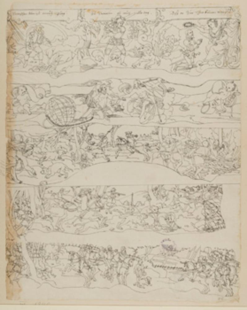 Bartholomäus Lingg (Werkstatt) - Fünf Entwürfe für Oberbilder: Tugendallegorie, Christus als Weltenrichter erlöst den Menschen, Hirschjagd/Hexenverbrennung, Pfaffenbeize, Kampfszene