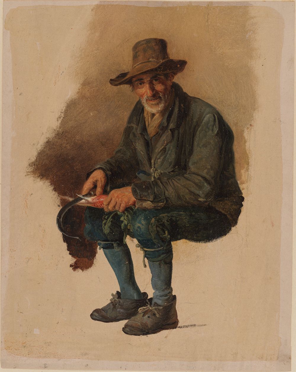 Johann Baptist Kirner - Alter italienischer Bauer, einen Rettich mit der Sichel schälend