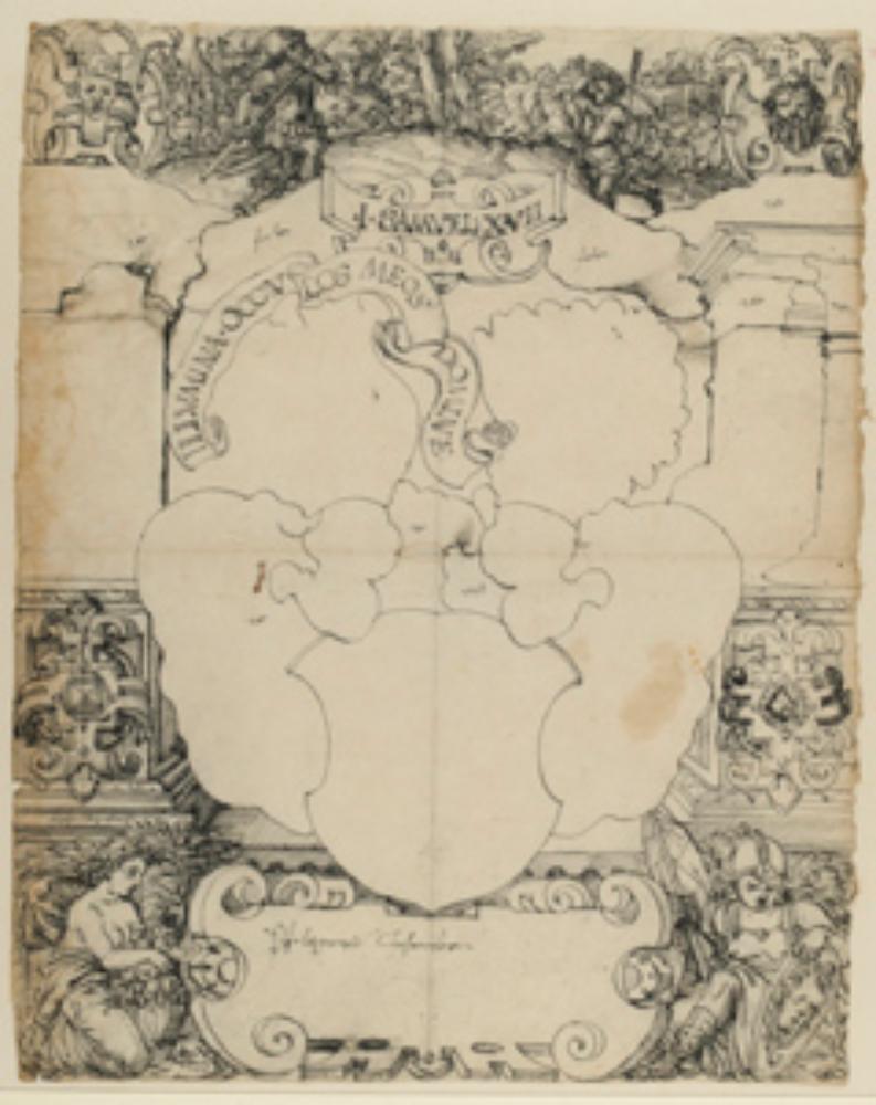 Straßburger Meister - Riss mit leerem Wappenschild, im Oberbild David und Goliath