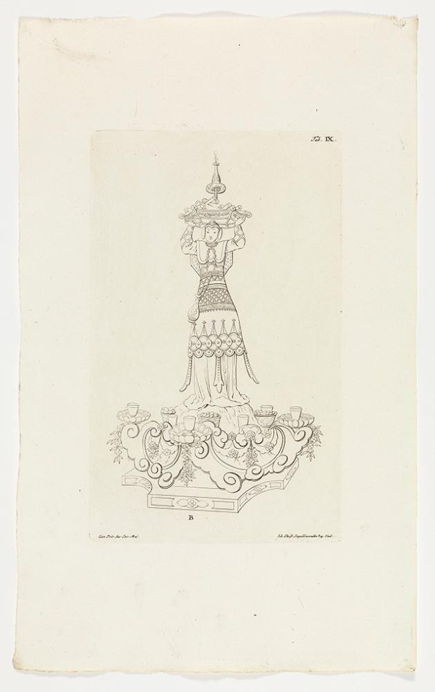 Johann Christian Leopold - Weibliche chinesische Figur auf Postament, mit erhobenen Armen eine Schale auf dem Kopf tragend