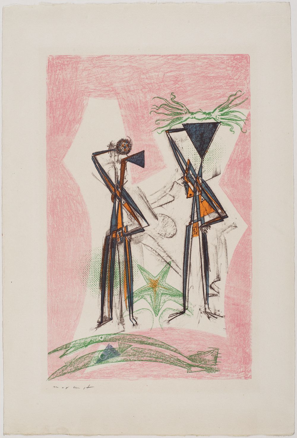 Die Lithografie von Max Ernst zeigt einen ungewöhnlichen Seestern mit fantasievolle Formen, die ihn von einem echten Seestern unterscheiden.