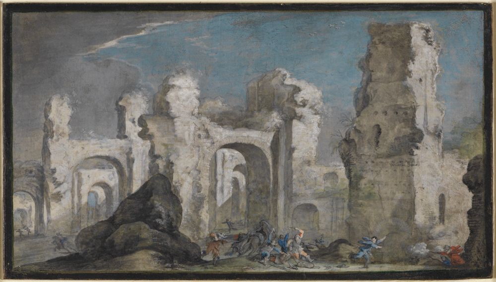 Johann Wilhelm Baur - Römische Ruinen mit Überfall