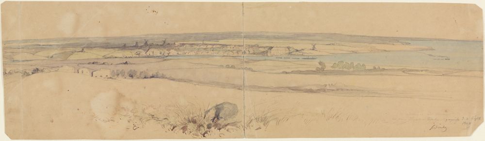 Feodor Dietz - Sonderburg auf Alsen, von den Düppeler Schanzen aus (Album von Studien, Portraits, theilweise ausgeführten Aquarellen, Situationszeichnungen aus dem Schleswig-Holsteinischen Kriege (1848-1850), enthaltend circa 80 Blätter; A Landschaften: Blatt 7)